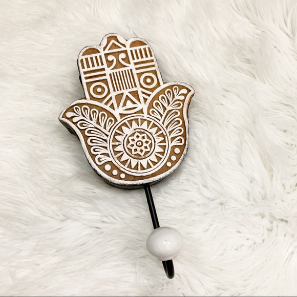 Other - Wooden Hamsa Hand Wall Hook Brown White Boho Yoga